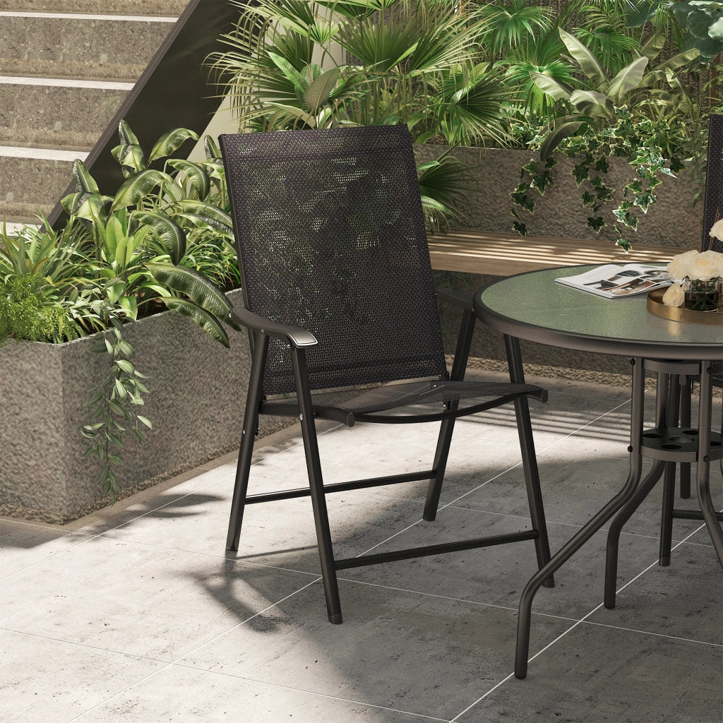 Set 2 Sedie da Giardino Pieghevoli con Braccioli in Metallo e Texteline, 58x64x94cm, Nero