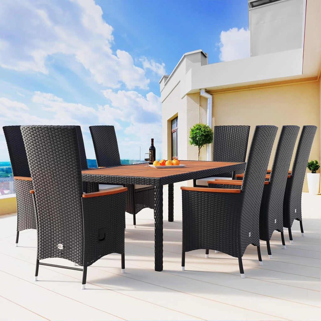 Casaria Salottino da Giardino 8+1 Polyrattan Cuscini 7cm Legno di Acacia 2 Sedie Reclinabili