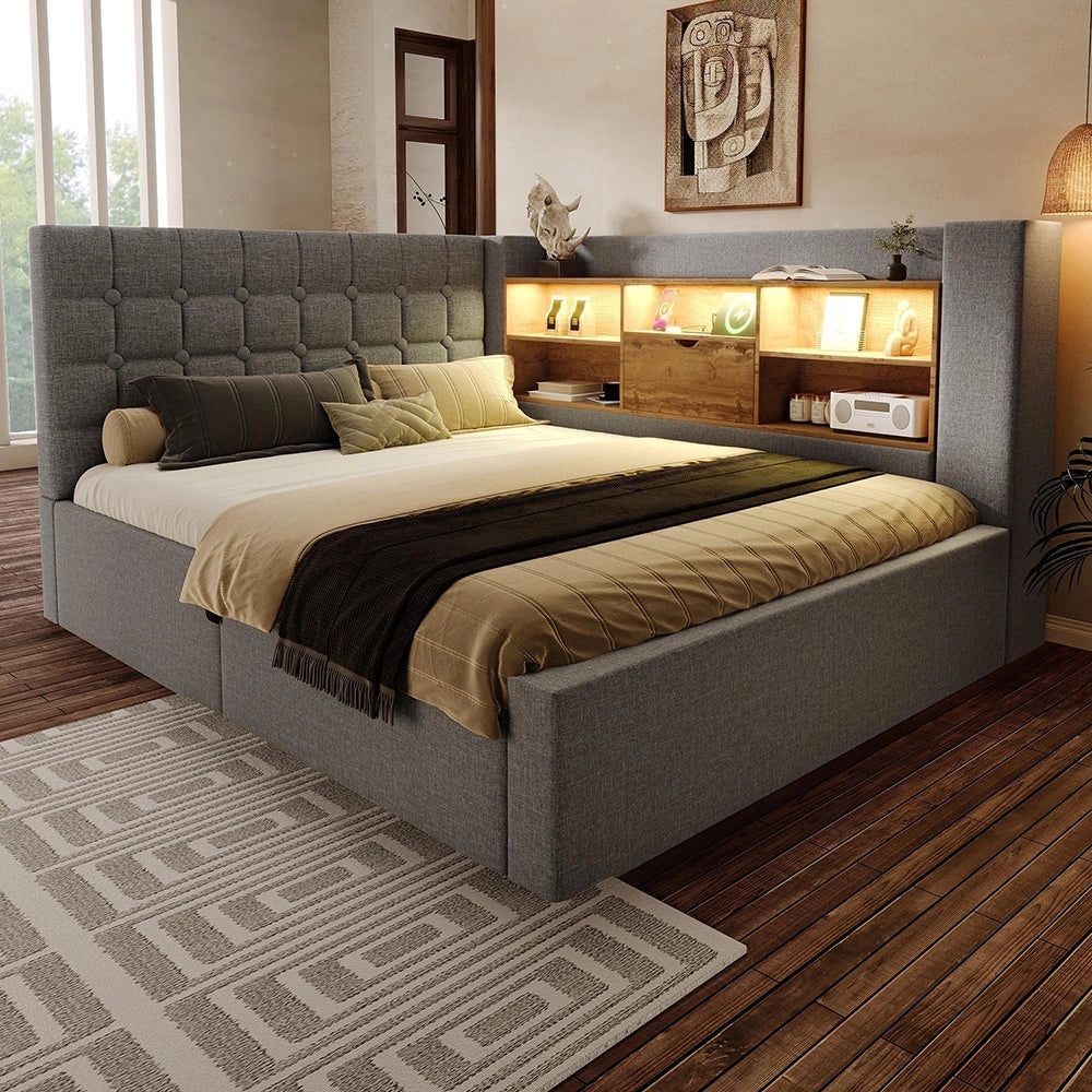 Letto imbottito-Xylo-140x190cm LED idraulico testiera a L lino grigio senza materasso