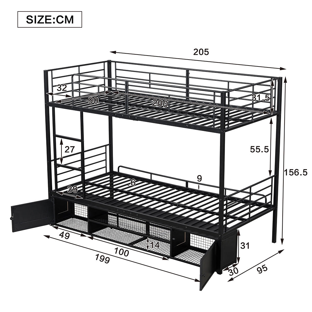Letto a castello 90x200 - Xylo - Armadio aperto per scarpe, piccolo armadio di archiviazione a due ante, scala laterale con barriera antiscivolo, nero