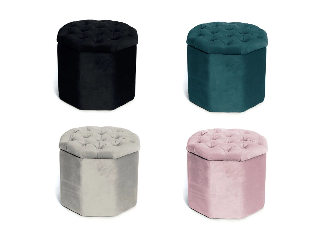 Pouf Salotto Contenitore Imbottito Trapuntato Ottagonale Velvet Tinta Unita - Pouf - Petrolio
