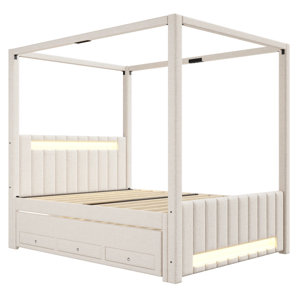 LETTO A BALDACCHINO 140x200 cm con letto estraibile e 3 cassetti, LED Beige