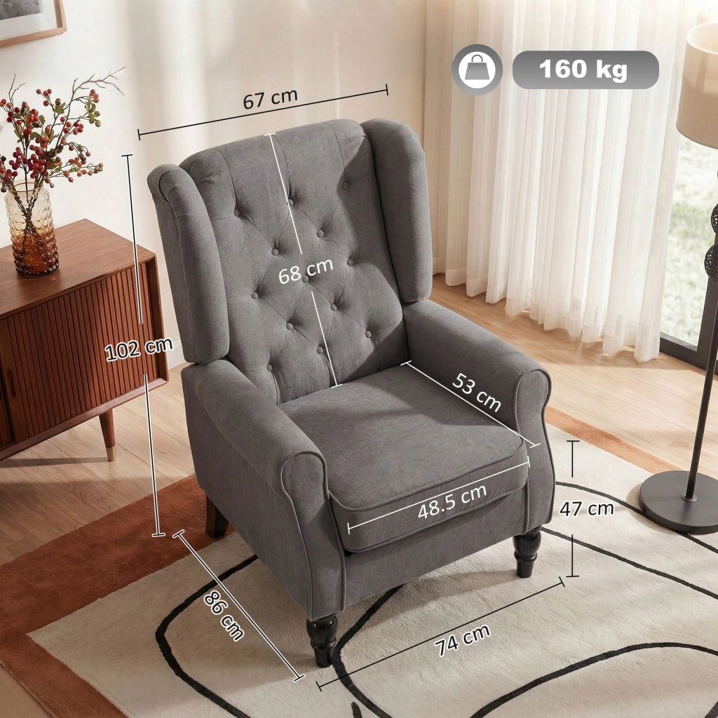 Poltrona da Salotto Stile Francese con Gambe in Legno e Cuscini Sfoderabili, 74x86x102 cm, Grigio