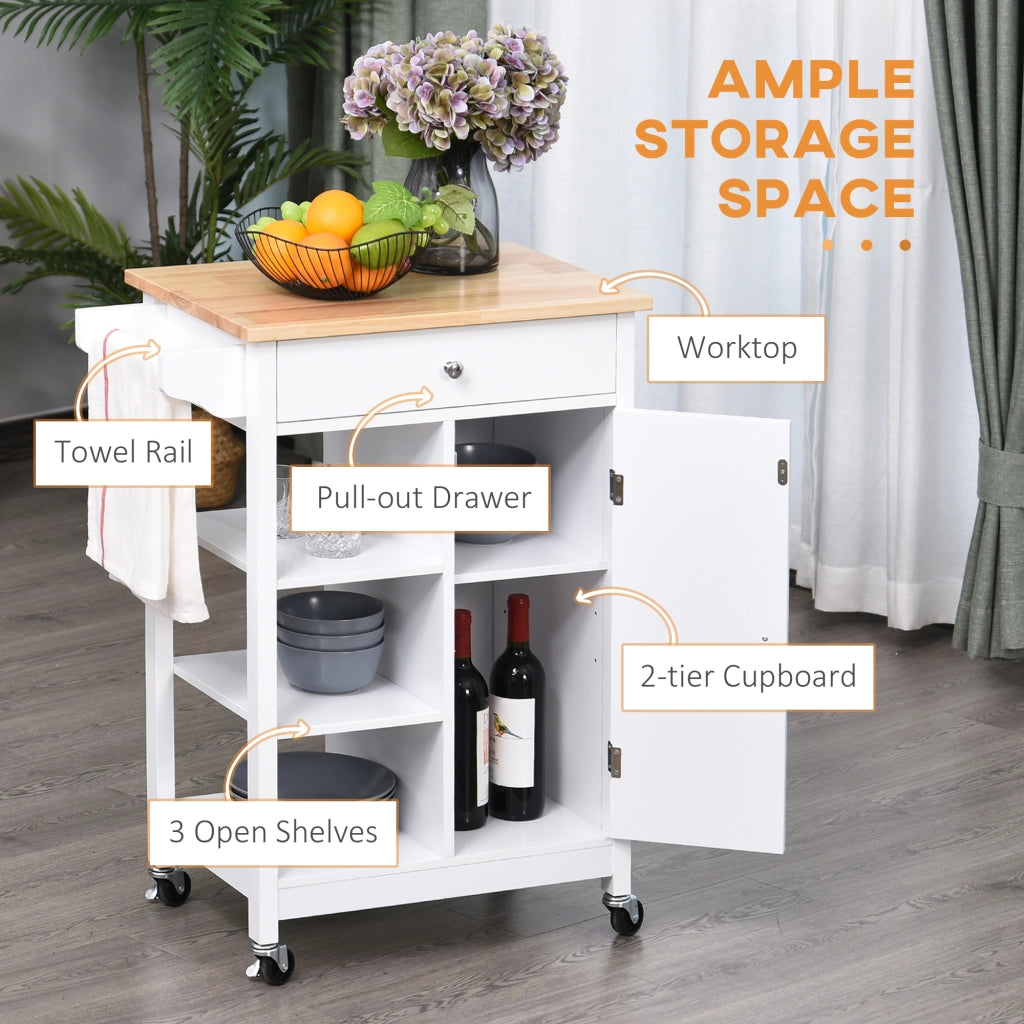 EasyComfort Carrello da Cucina Salvaspazio in MDF con Piano di Lavoro in Legno di Gomma, Cassetto, Armadietto, 3 Mensole, Ripiani Regolabili, Porta Strofinacci e Ruote Girevole, 66x39.5x86.5cm, Bianco