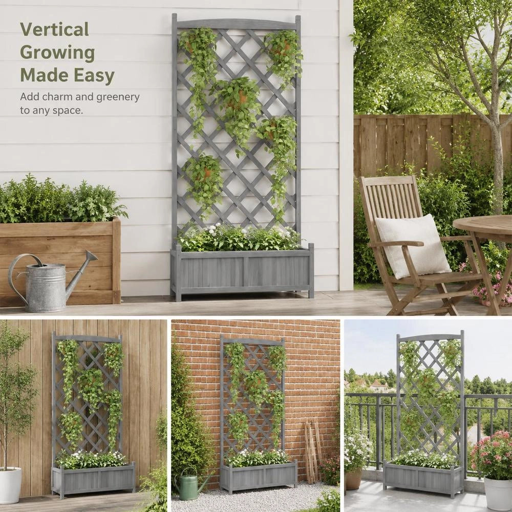 Solid Spruce Wood Planter Box With Trellis, Drainage Holes, Sturdy Structure For Balcony Patio Garden, Nordic Style Outdoor Flower Pot For Roses Ivy