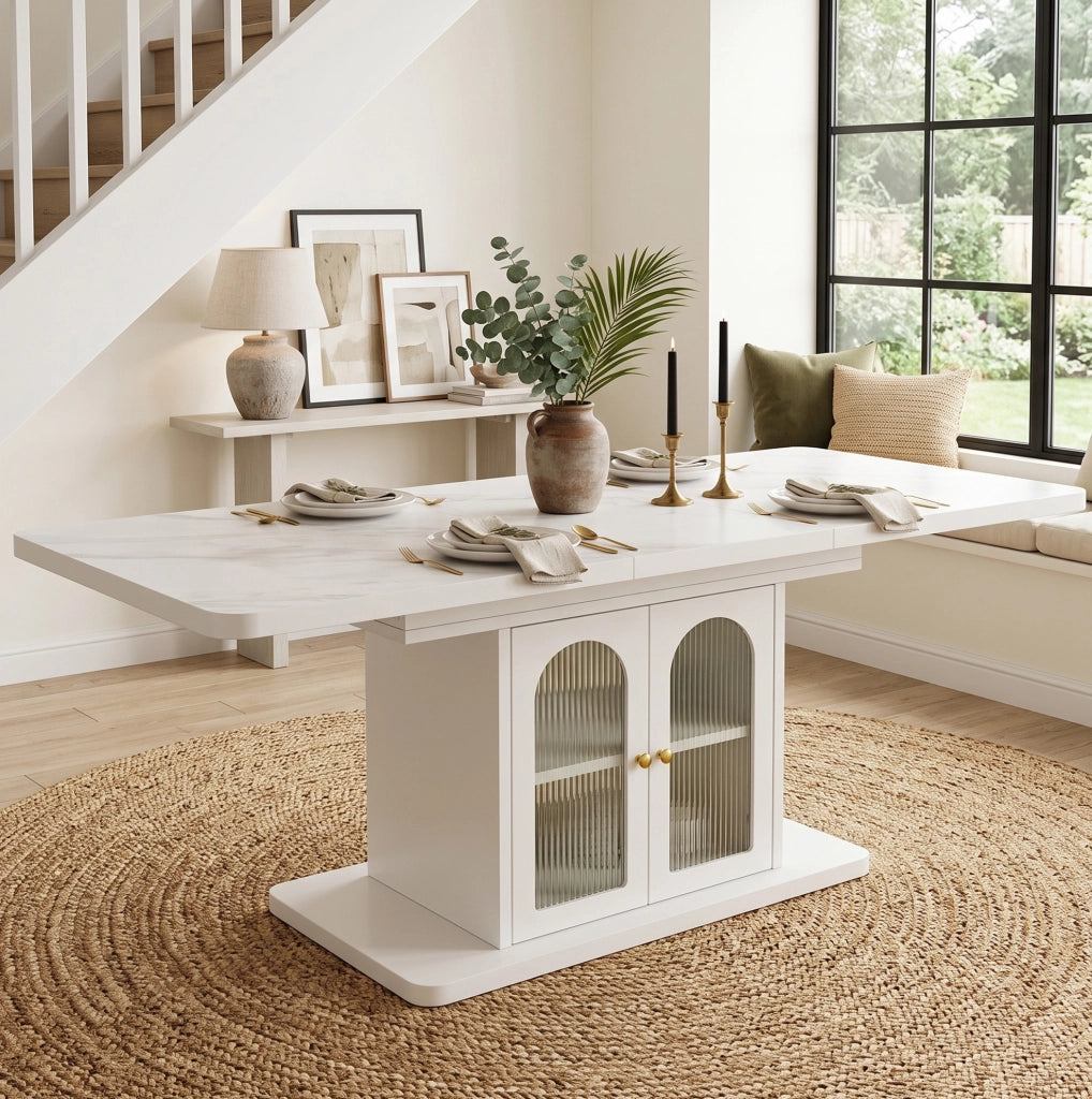 Tavolo da pranzo estensibile 200x80 cm in MDF bianco con contenitore e LED