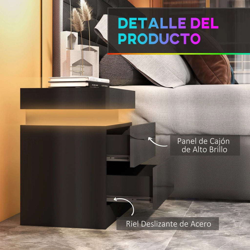 Comodino con Luci LED e 2 Cassetti ¨C zephmum ¨C 45x35x52 cm Nero