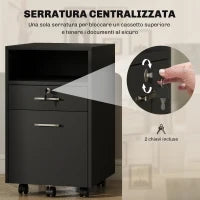 Cassettiera da Ufficio Portadocumenti in Legno con 2 Cassetti e Ripiano Aperto, 39x40x65 cm, Nero