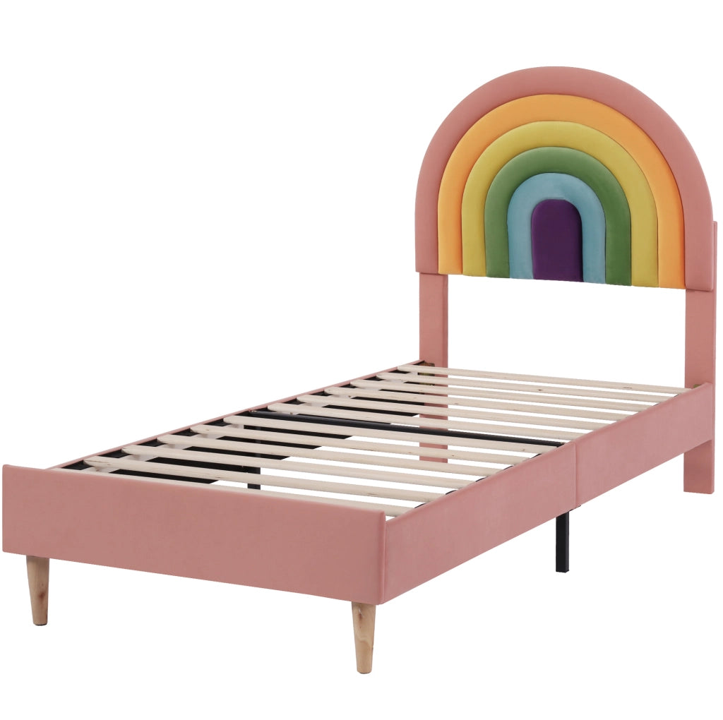 Letto imbottito 90x200 cm in velluto rosa con rete a doghe e testiera regolabile