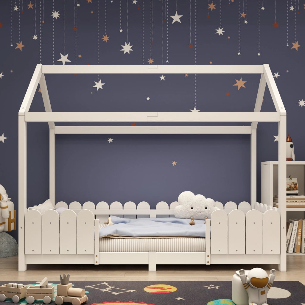 Letto Casetta 90x200 cm con Sponda e Rete a Doghe - in Legno Massello e Bianco