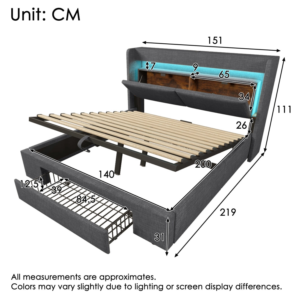 Letto imbottito 140x200 cm con LED, USB-C e vano idraulico