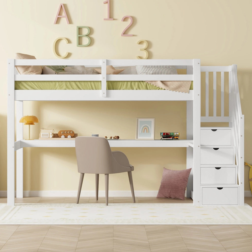 Letto a castello bianco in pino con scrivania e cassetti portautensili 90x200 cm