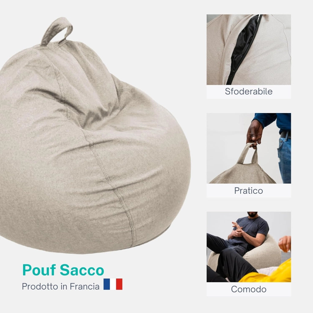 Pouf Poltrona Sacco con Imbottitura in Schiuma - Morbido e Confortevole - Fodera Lavabile - Pratico e Facile da Trasportare - Pouf Sacco per Tutta la Famiglia (120x100 cm, Beige)