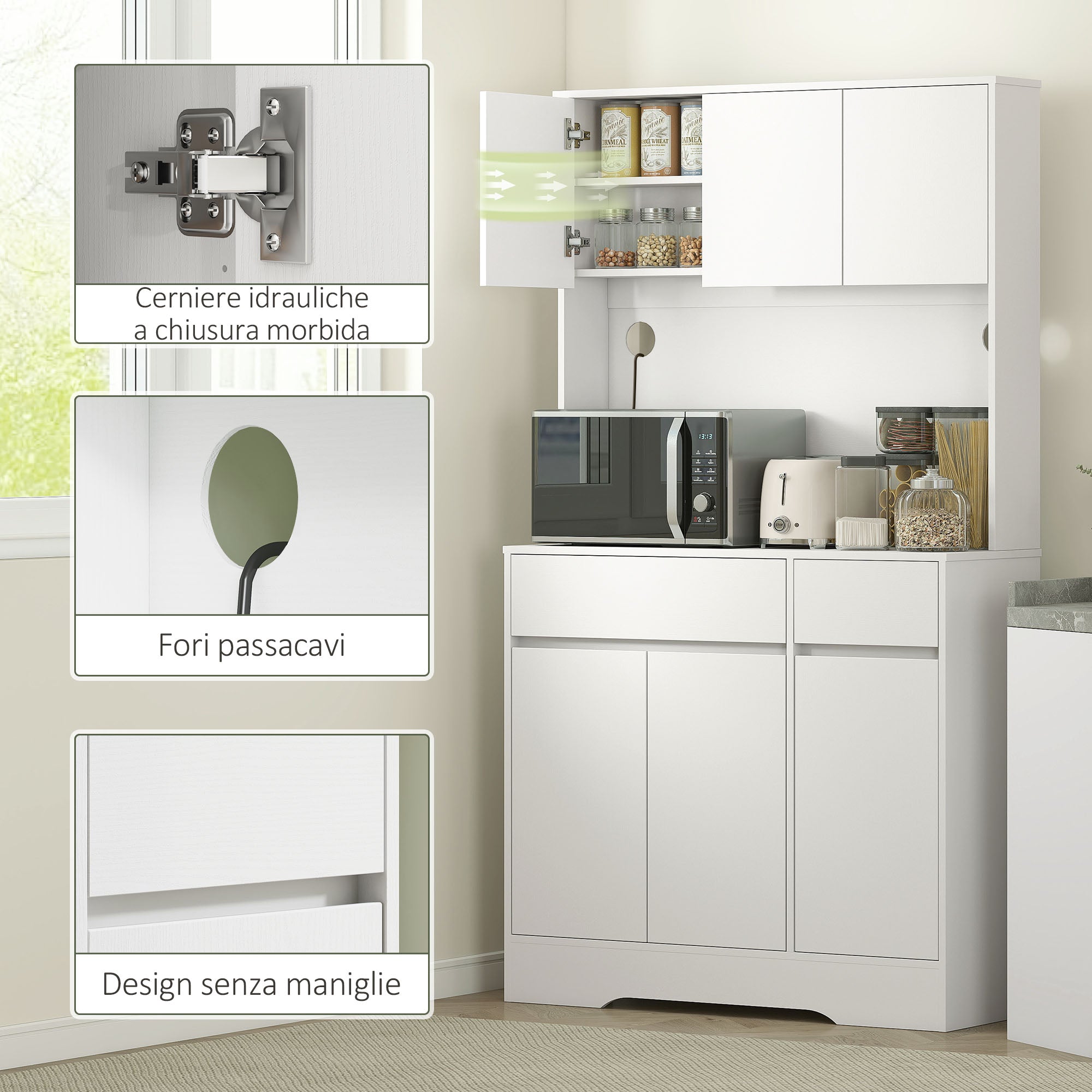 Credenza da Cucina Moderna 100x38x180 cm con 4 Armadietti 2 Cassetti e Ripiani Regolabili Bianco