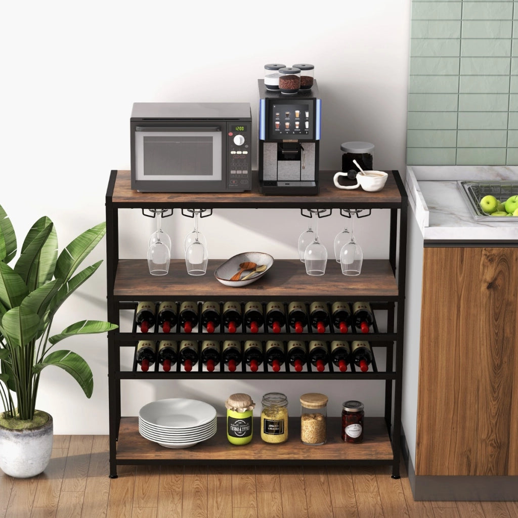 Mobile portabottiglie a 5 livelli con 2 ripiani porta vini 4 porta calici-Portabottiglie da terra 100x35x101cm