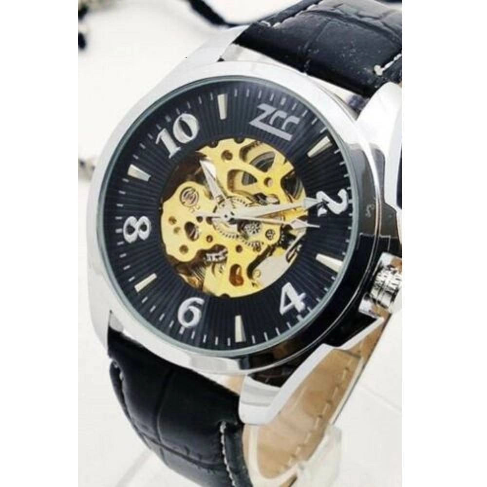 Trade Shop - Orologio Polso Zcc Uomo Analogico Automatico Cinturino Pelle Casual Nero Silver -
