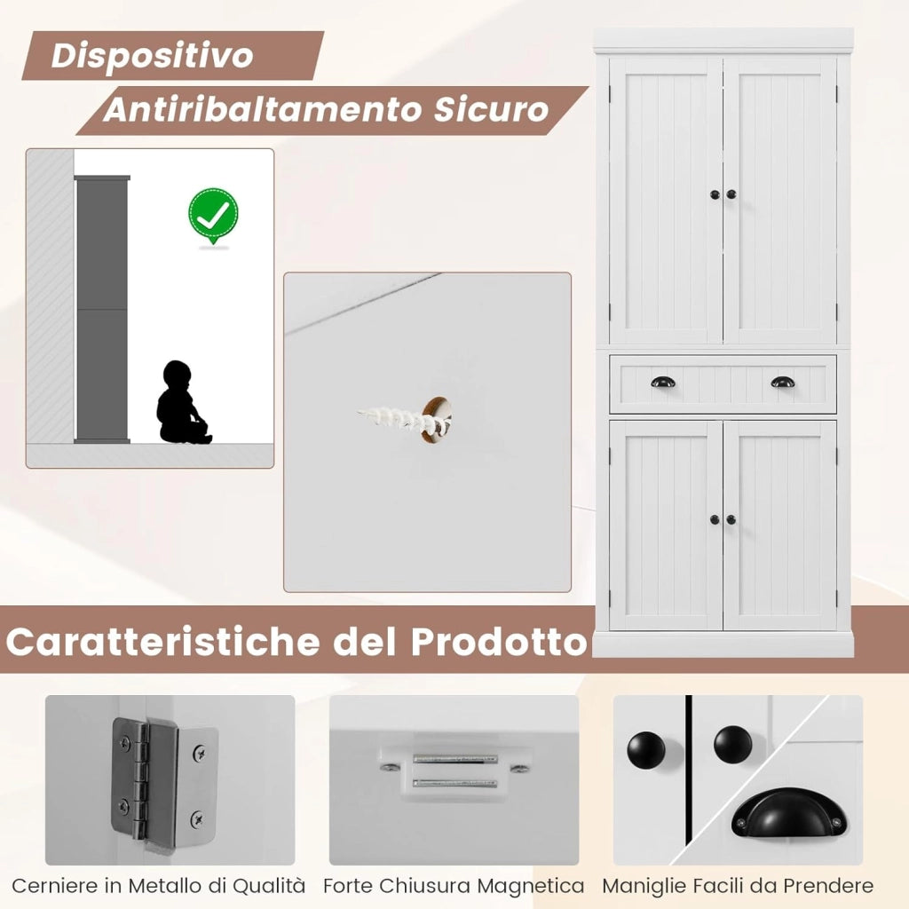 Credenza Alta Cucina, Mobile da Cucina Moderno con 2 Ante e Cassetto, con Ripiani Regolabili, Dispensa Cucina per Soggiorno, Cucina e Sala da Pranzo, 76 x 40 x 183 cm (Bianco)
