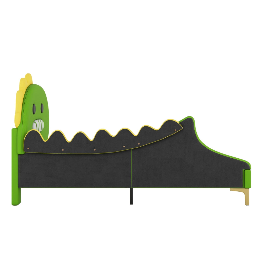 Letto per bambini 90x200 cm; design dinosauro; PU e MDF; verde