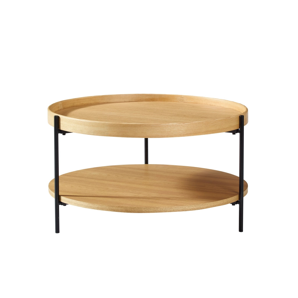 Tavolino basso rotondo con 2 ripiani, design moderno, in legno massello e MDF, naturale, per soggiorno, 69 × 69 × 38 cm