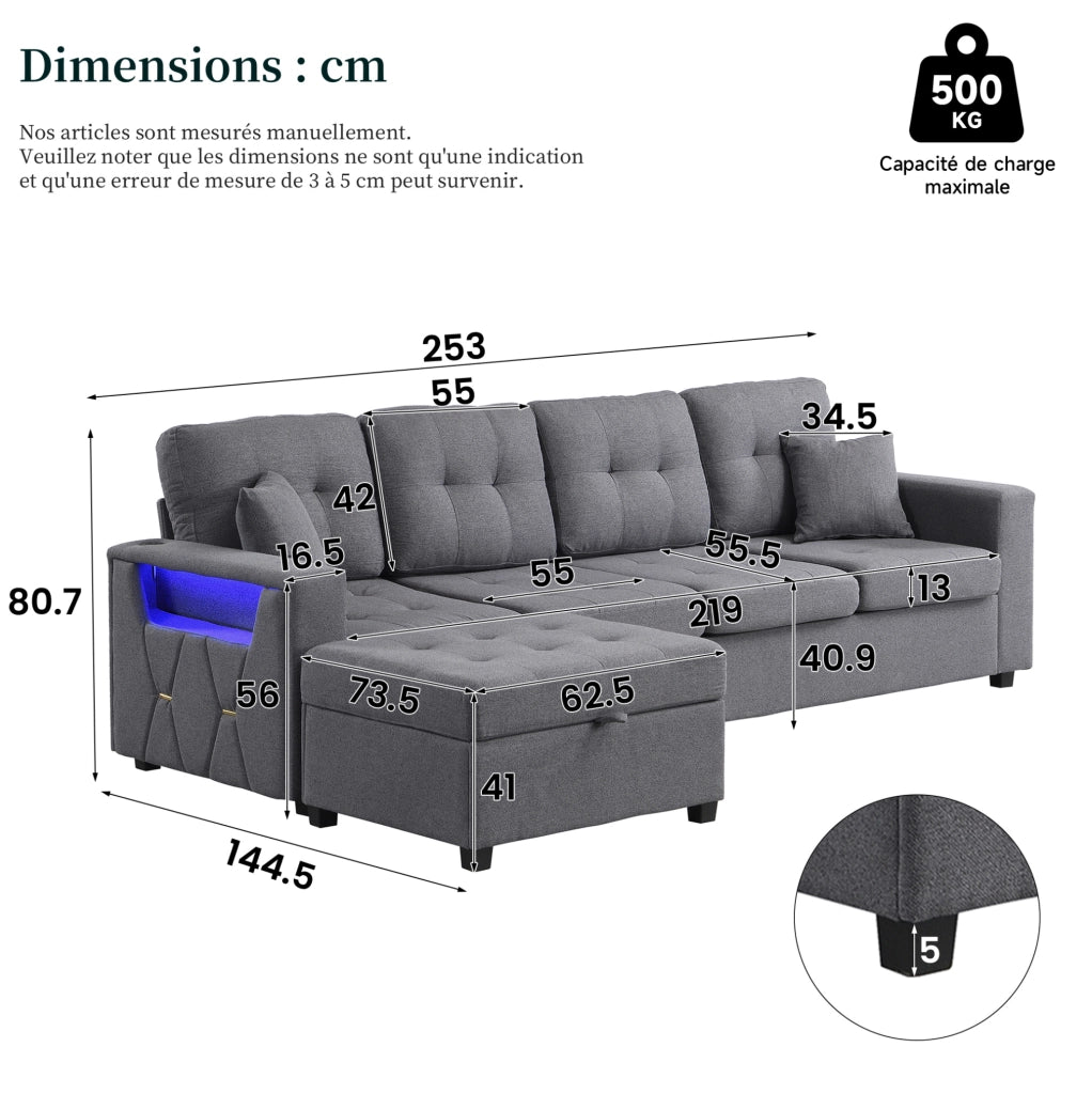 Divano angolare modulare 4 posti con pouf contenitore; LED e ricarica USB Type-C; grigio antico