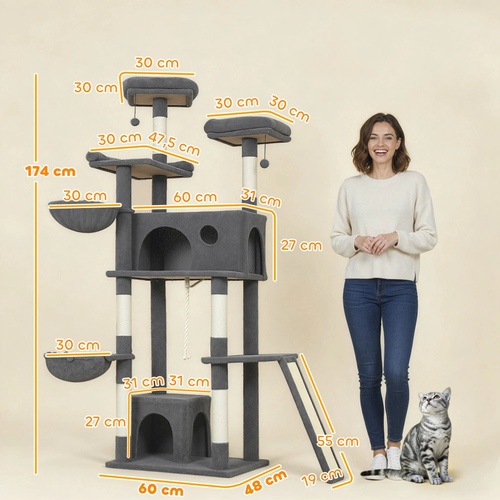 Arbre a Chat con Grigliatoio 3 Letti 2 Nicchie e 3 Giocattoli ¨C zephmum ¨C Grigio 174 cm
