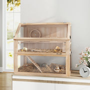 Scaffale a 3 livelli per piccoli animali con accessori, pannelli acrilici e apertura frontale in legno naturale 80 × 50 × 76 cm