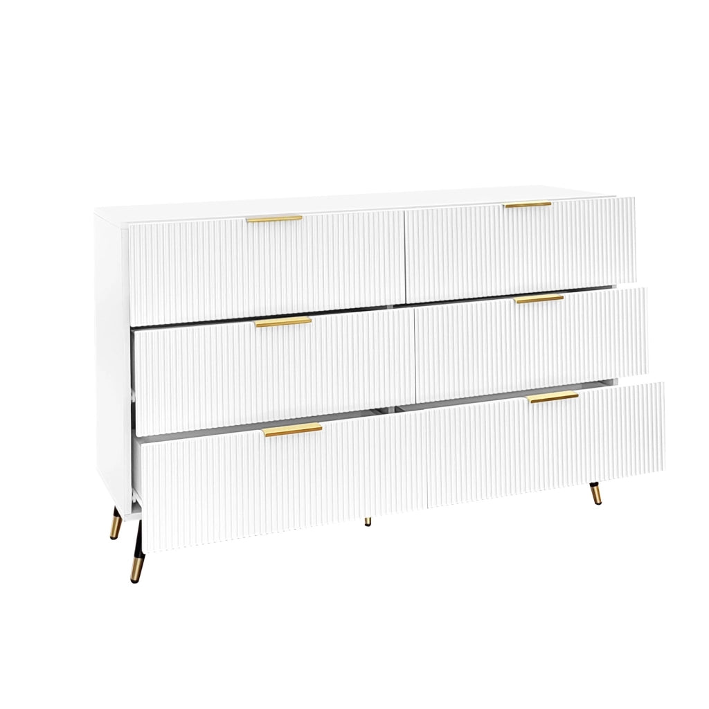Credenza moderna con 6 cassetti in truciolare bianco e gambe oro per soggiorno sala da pranzo e camera da letto 120 × 77 × 40 cm