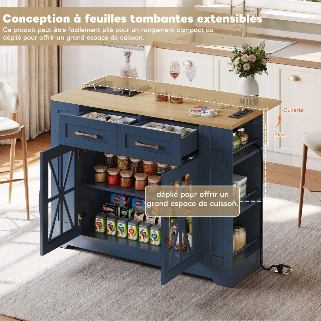 Carrello Da Cucina con 2 Ante in Vetro; 1 Cassetto; 6 Ripiani Aperti; Piano Pieghevole e Porte USB con Ruote; in MDF; 120 x 40 x 92 cm; Blu e Naturale