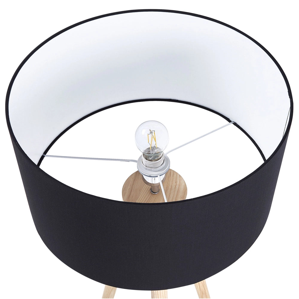 Lampada da Terra Nera con Struttura in Legno Chiaro 140 cm Paralume in Tessuto Treppiede per Tamburo Design Moderno