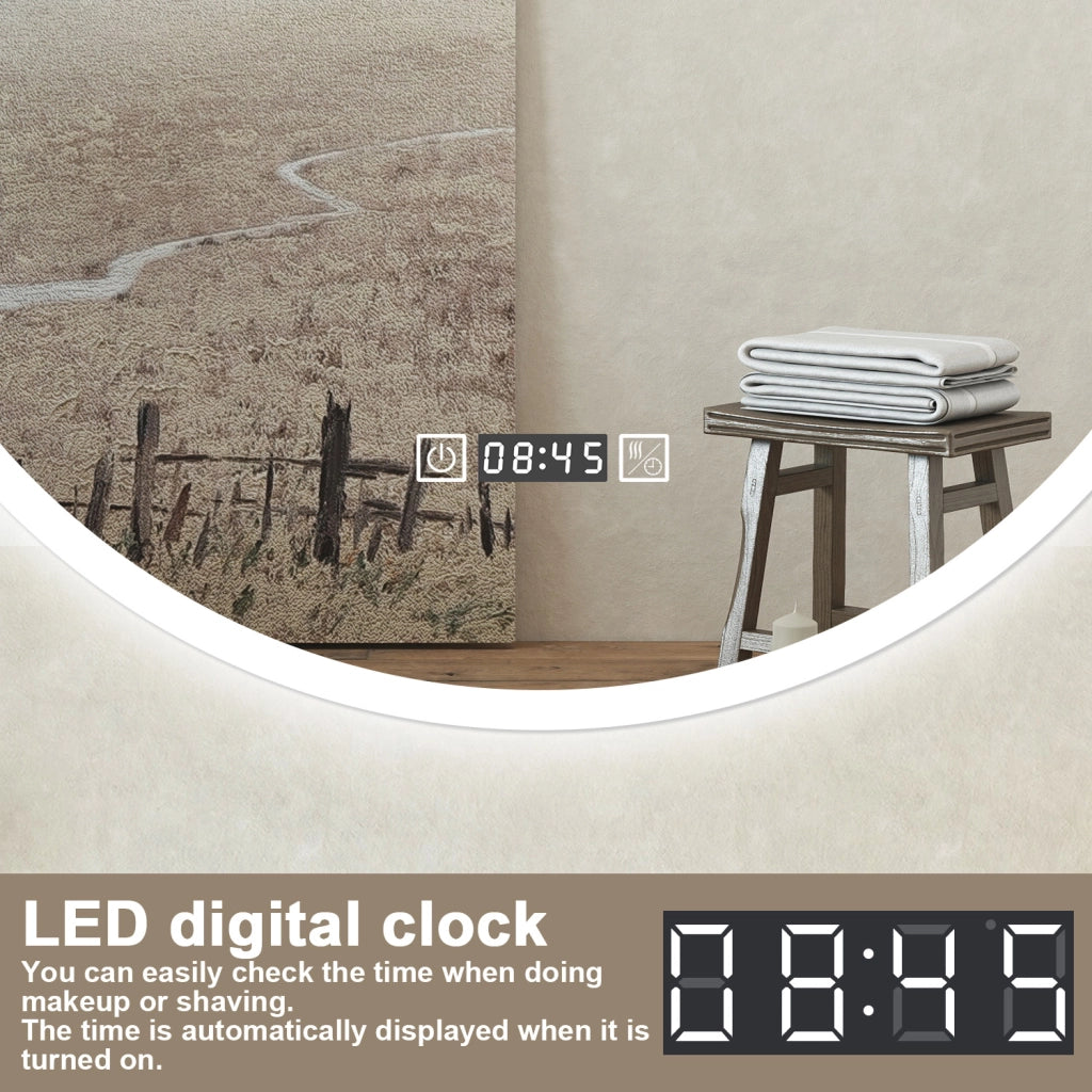 Specchio bagno Tondo 60cm Led Con 3 Luci + Orologio + Antiappannamento