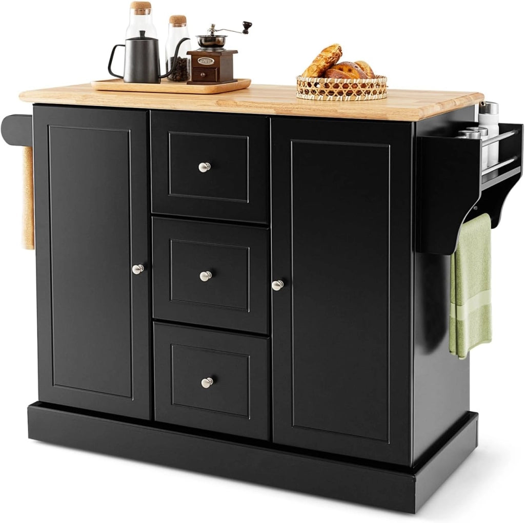 Carrello da Cucina con 3 Cassetti e 2 Armadi, Isola da Cucina Mobile con 5 Ruote Nascoste, Credenza Carrello da Portata con Portasciugamani e Portaspezie,126x45x91,5 cm (Nero)