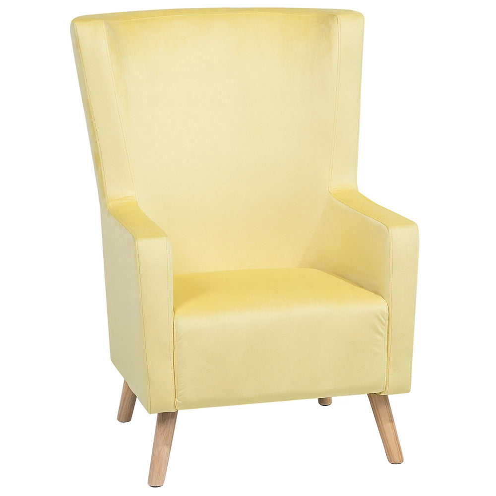 Sedia Wingback con rivestimento in velluto giallo e gambe in legno con schienale alto