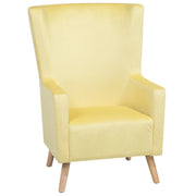 Sedia Wingback con rivestimento in velluto giallo e gambe in legno con schienale alto