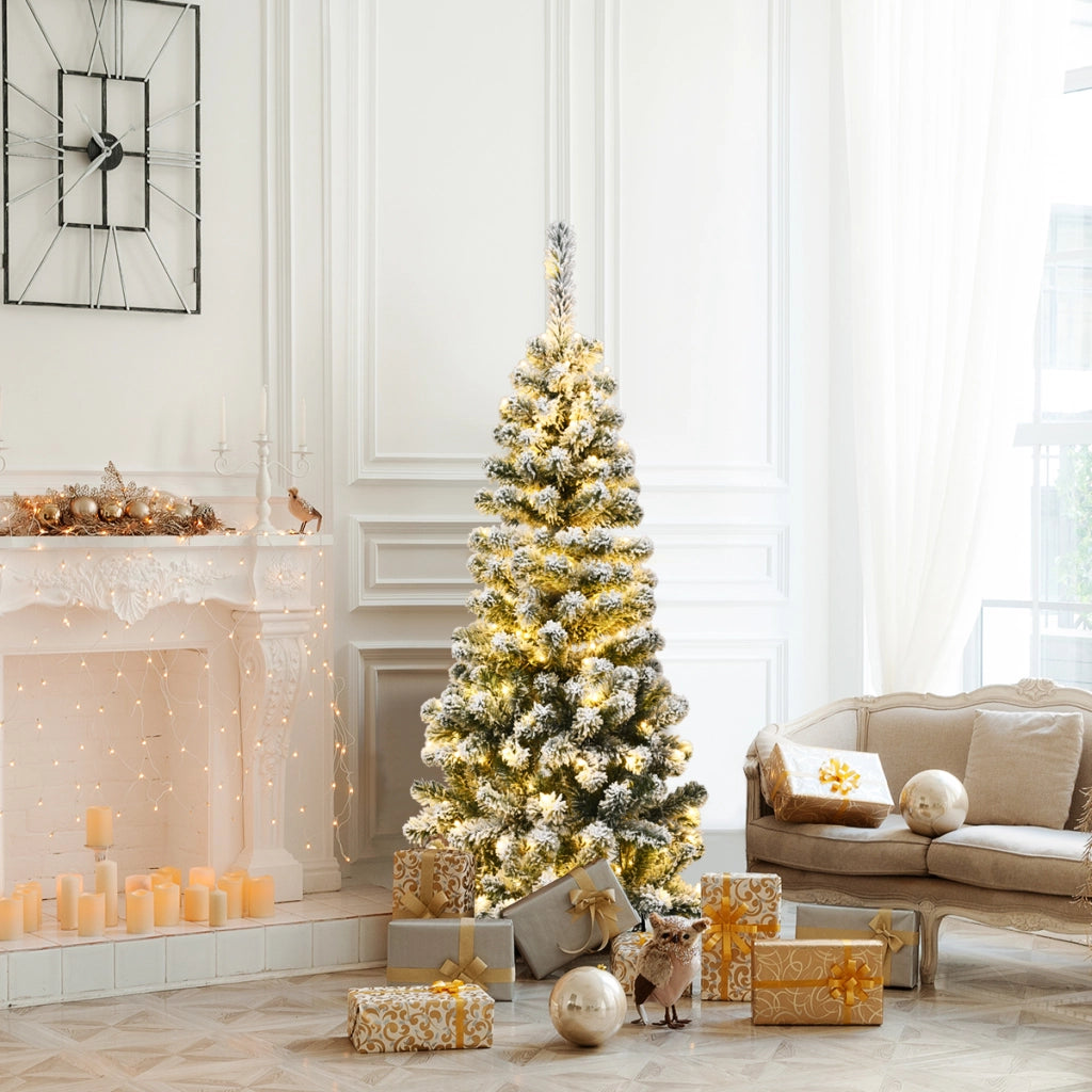 Albero artificiale di Natale, Abete innevato illuminato con luci LED aghi in PVC base pieghevole di metallo 135cm-Alberi di Natale