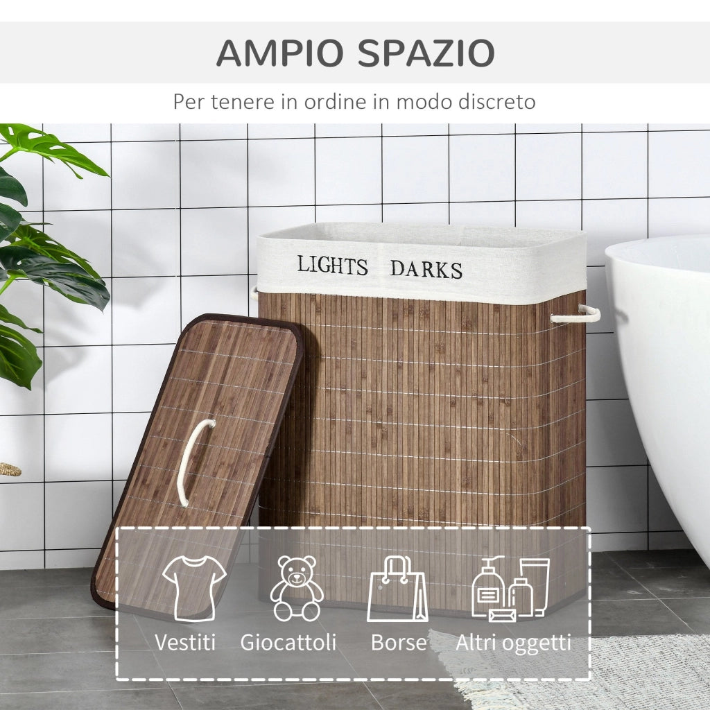 Cesto per Biancheria 2 Scomparti 52x32x63 cm con Coperchio e Maniglie Marrone