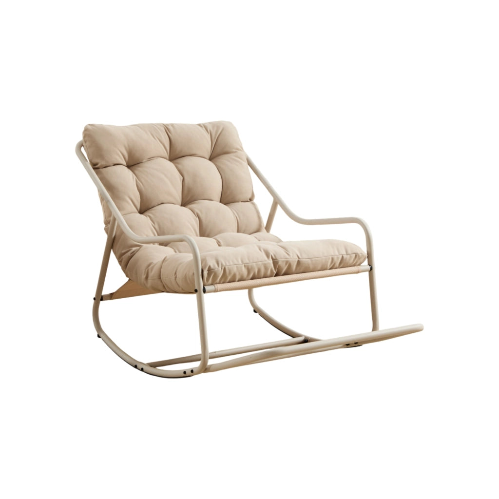 Sedia a dondolo da esterno in acciaio con cuscino spesso; beige