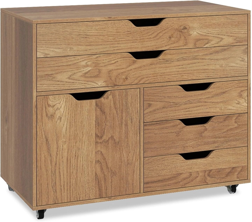 Cassettiera con 5 cassetti e 1 armadietto, armadietto mobile a 5 ruote, cassettiera sotto scrivania, 77,5 x 40 x 64 cm (marrone)