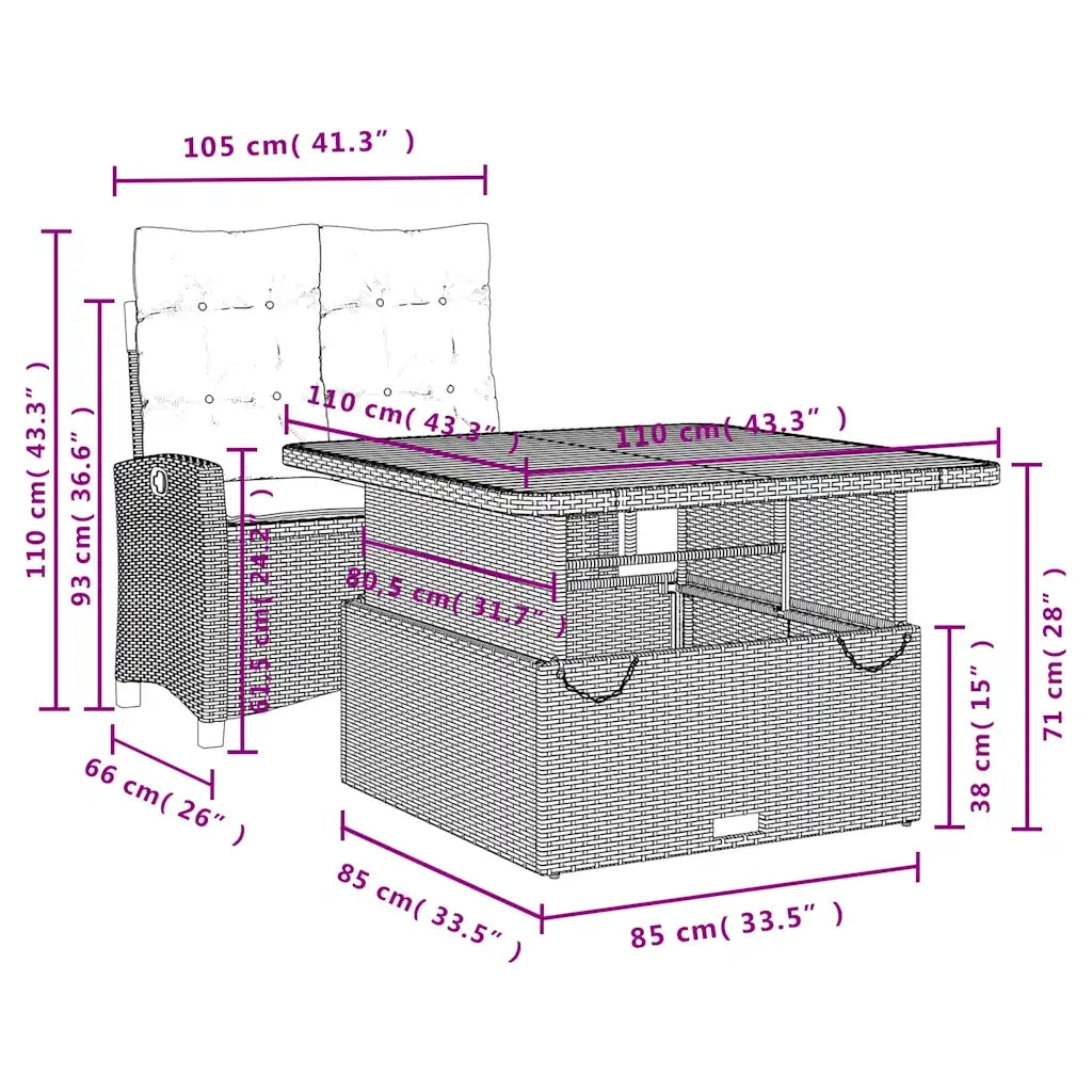 Set da Pranzo da Giardino 2 pz con Cuscini Nero in Polyrattan 3277379