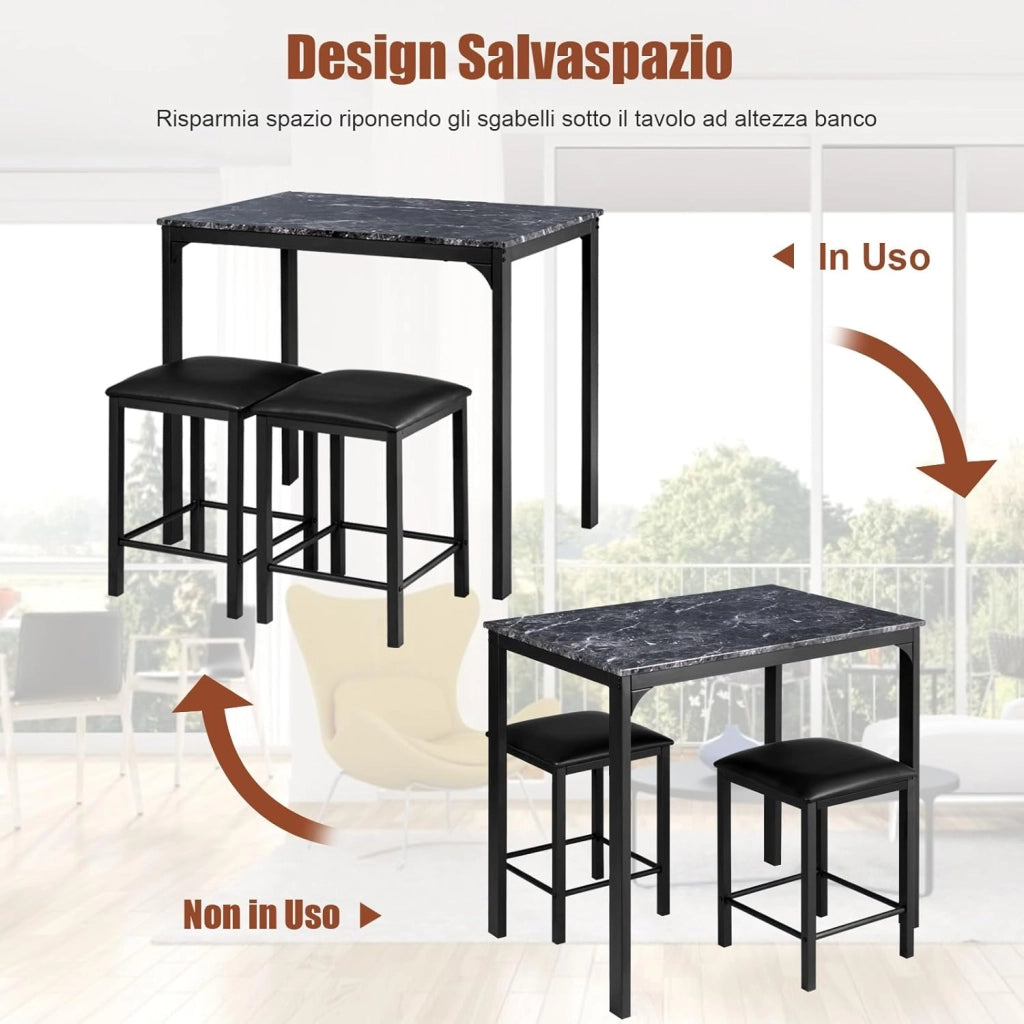 Tavolo Cucina con 2 Sgabelli, Tavolo Alto con 2 Sgabelli Senza Schienale in Similpelle da Cucina, Sala da Pranzo e Soggiorno, Tavolo Bar con Sgabelli Moderno per Spazi Piccoli (Nero)