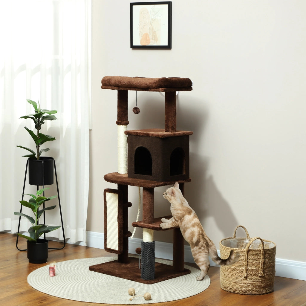 Albero tiragraffi per gatti con piattaforme, palo, spazzola, palline e cuscino ¨C zephmum ¨C 132 cm marrone
