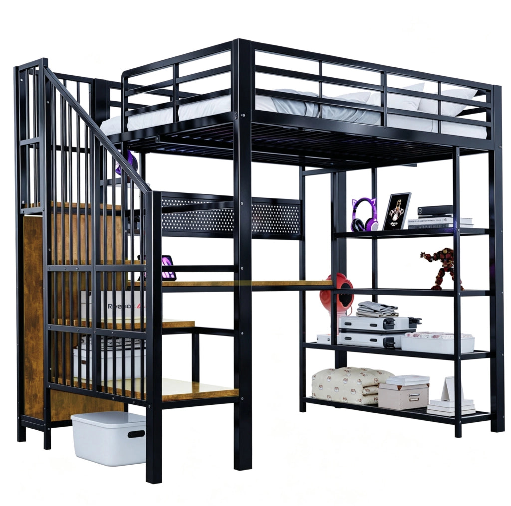 Letto a soppalco 140x200 cm in metallo nero con scrivania e LED