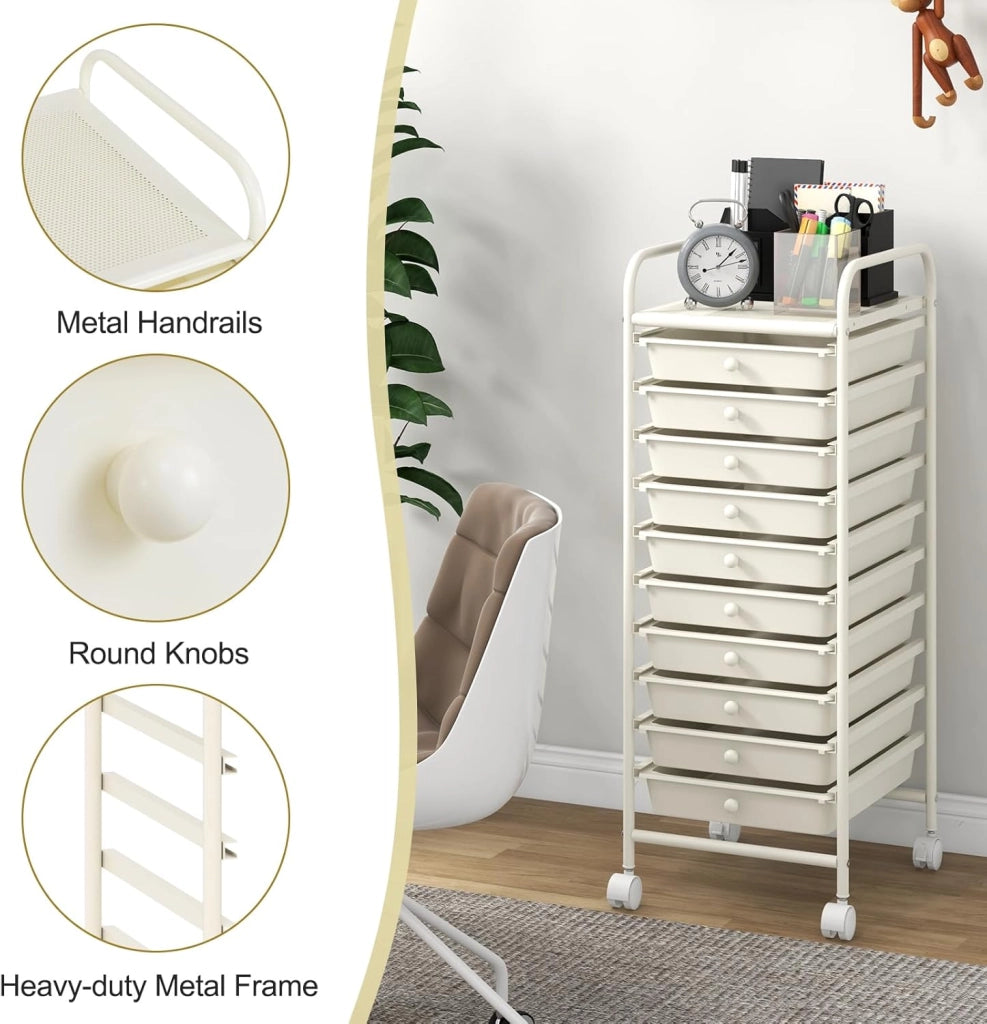 Carrello Portaoggetti con 10 Cassetti, Telaio in Metallo e Struttura in Plastica, 4 Ruote di cui 2 con Freno, Organizer Multiuso per Ufficio, Cucina e Bagno, 33 x 37 x 86 cm