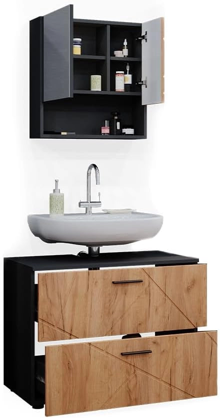 Set mobili bagno Irma, Quercia dorata/antracite, 80 cm, composto da specchio da bagno e mobile sottolavabo