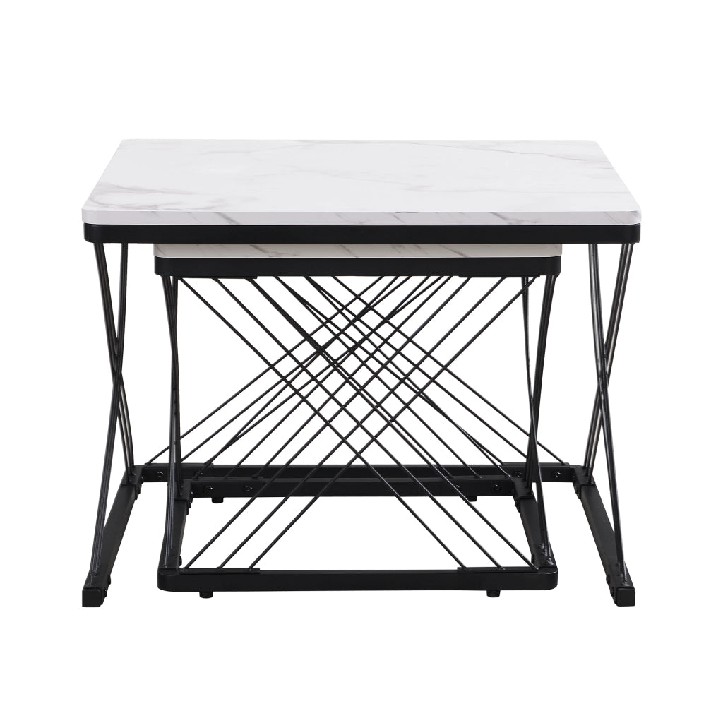 Set di 2 tavolini da caffè 60x60x45 cm e 45x45x40 cm; effetto marmo lucido; MDF; bianco nero