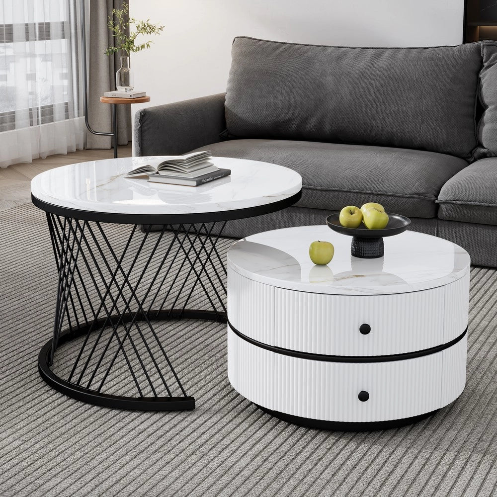 Set 2 Tavolini da Caff¨¨ Rotondi ¨C MINIMAL ¨C Bianco Lucido Effetto Marmo, 2 Cassetti, 60x60x46 e 50x50x31
