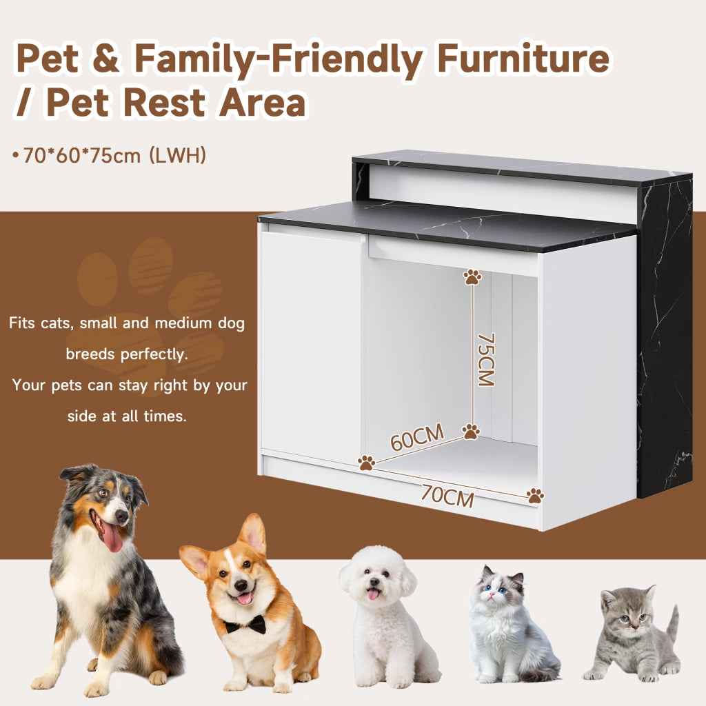 Isola cucina multifunzionale con bancone e area relax per animali, 120×80×100 cm, bianco e nero