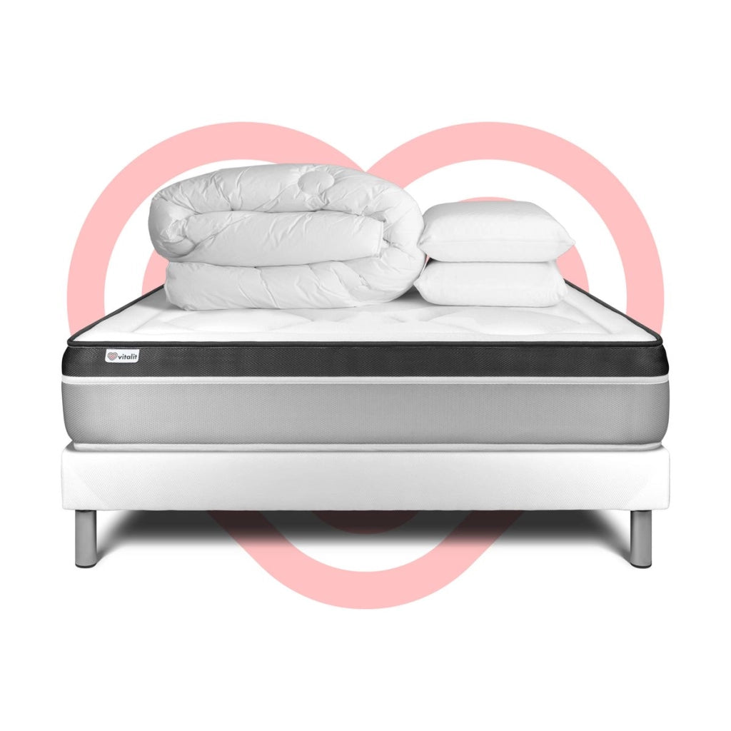 Pacchetto letto completo - Materasso 140x190cm + Box spring con doghe (in kit) + 2 cuscini + Piumino - Vital Ergo
