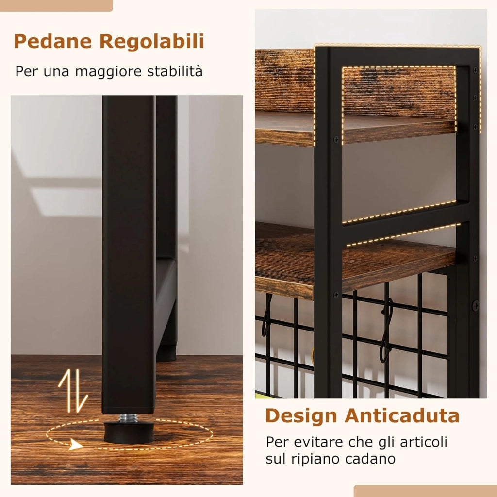 Mensola da Scrivania, Scaffale Espositivo a 4 Ripiani con Pannello a Griglia Metallica e 6 Ganci, Organizzatore da Scrivania per Computer, per Ufficio Casa Dormitorio, 94x25x73,5 cm (Marrone)