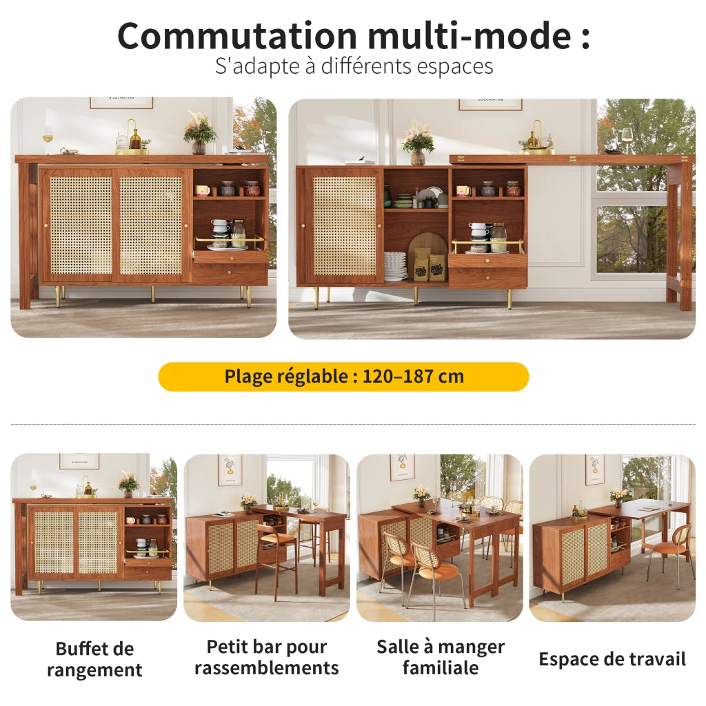 Mobile Bar con Anta in Rattan; Cassetto e Ripiani Aperti; Piano Girevole ed Estensibile; in MDF; 107 x 40 x 71;4 cm