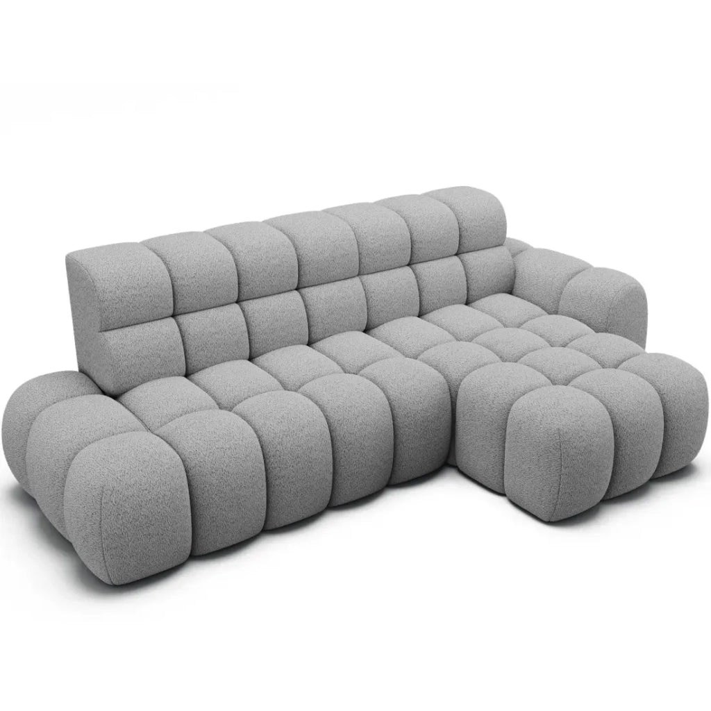 Divano ad angolo trasformabile BULLA 3 posti grigio – tessuto bouclé con estensione del sedile elettrica
